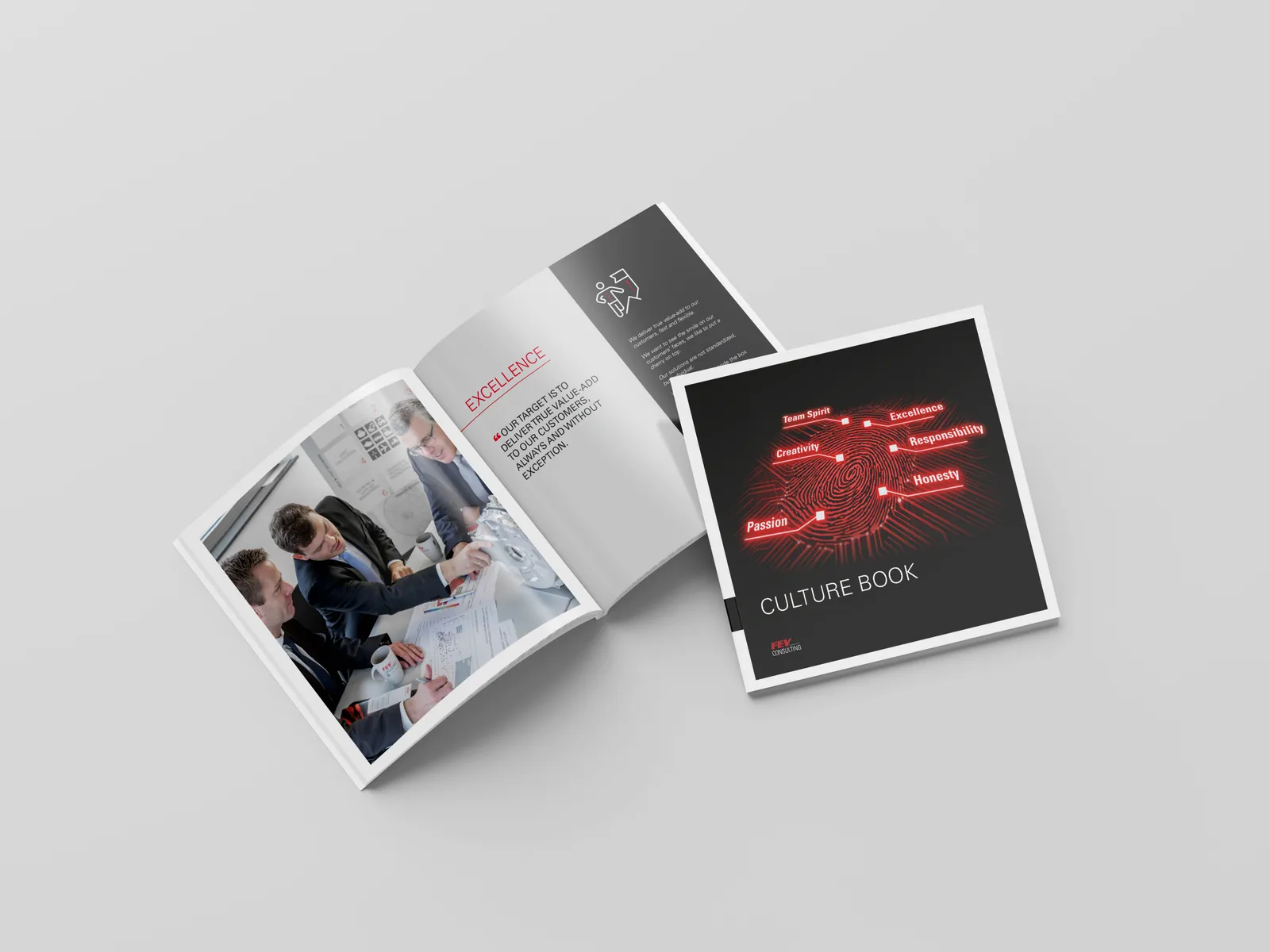 FEV Consulting Culture Book — quadratisches Booklet mit Werte-Netzwerk-Grafik und Team-Doppelseite, Corporate Publishing von Emrach aus Aachen