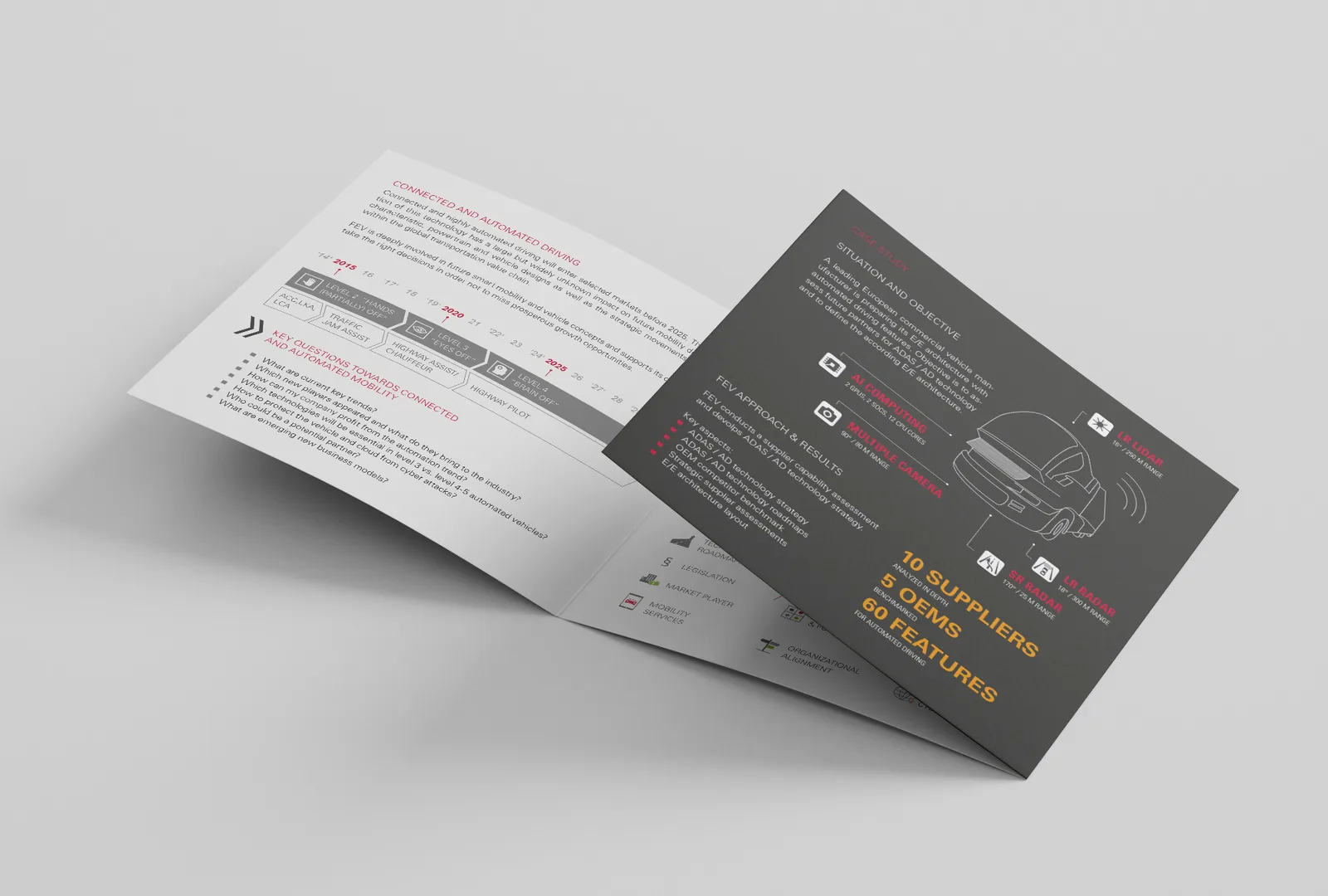 Aufgeklappter Studien-Folder mit Infografik zu 10 Zulieferern, 5 OEMs und 60 ADAS-Features — Informationsdesign von Emrach aus Aachen