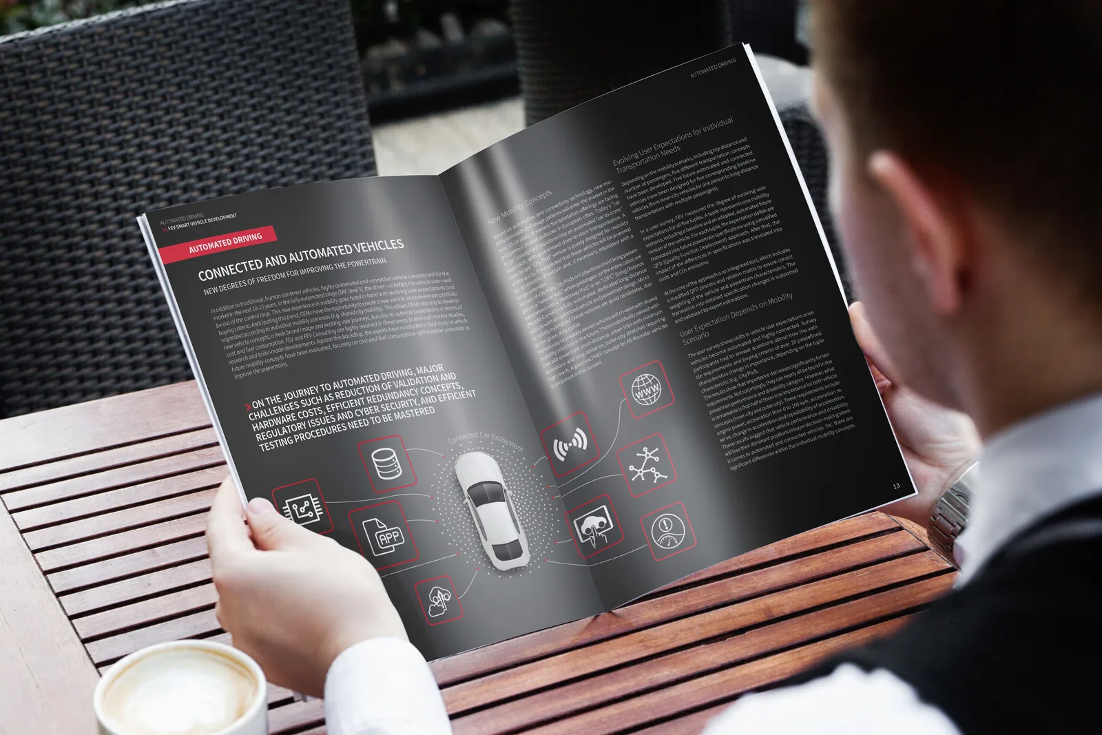 SPECTRUM-Magazin-Doppelseite Connected and Automated Vehicles mit Icon-System und Fahrzeug-Rendering — Editorial Design von Emrach aus Aachen