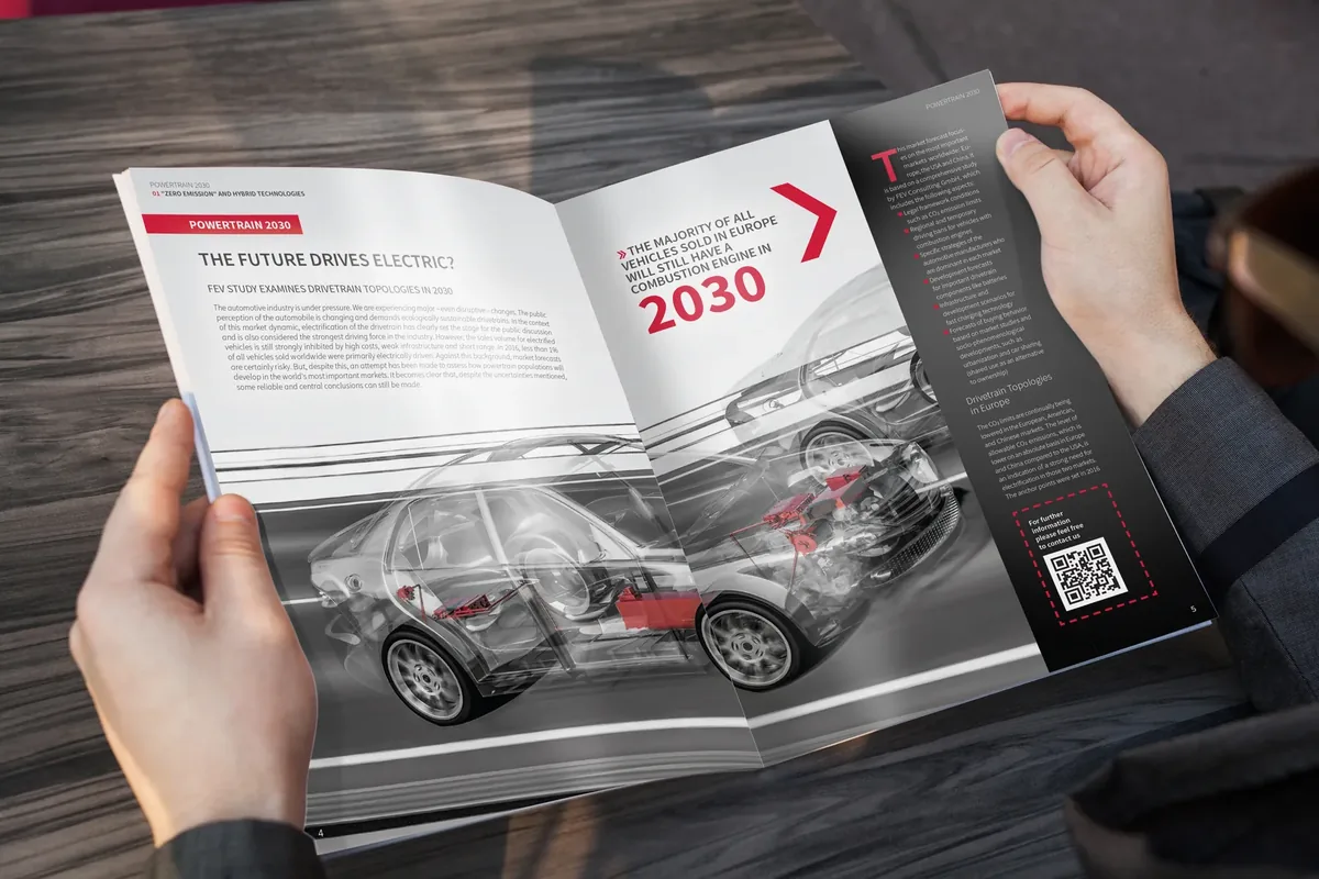 Aufgeschlagenes SPECTRUM-Magazin mit dem Artikel The Future Drives Electric — Editorial Design von Emrach aus Aachen