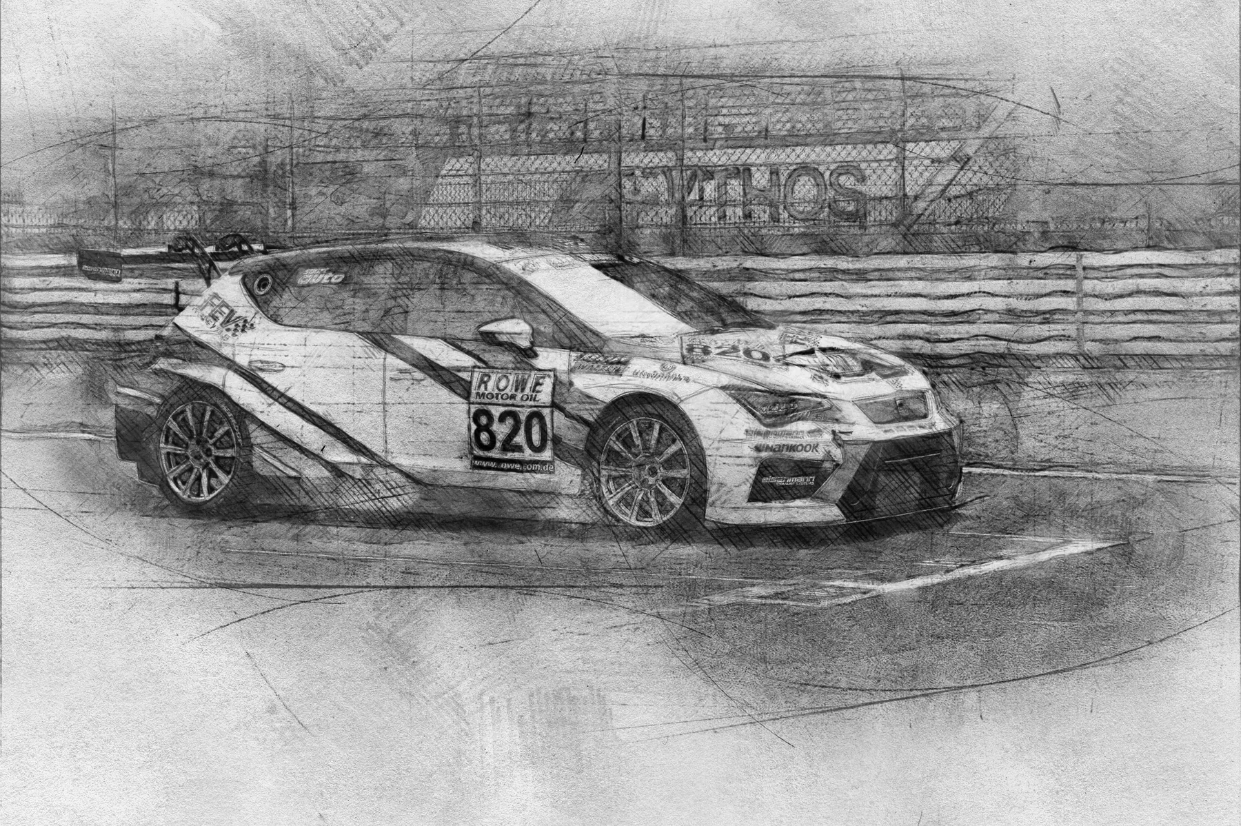 Sketch-Artwork — Boxenstraße mit Pathos-Tribüne, eigenes Post-Processing — FEV Racing Case von eoglou | media design aus Aachen