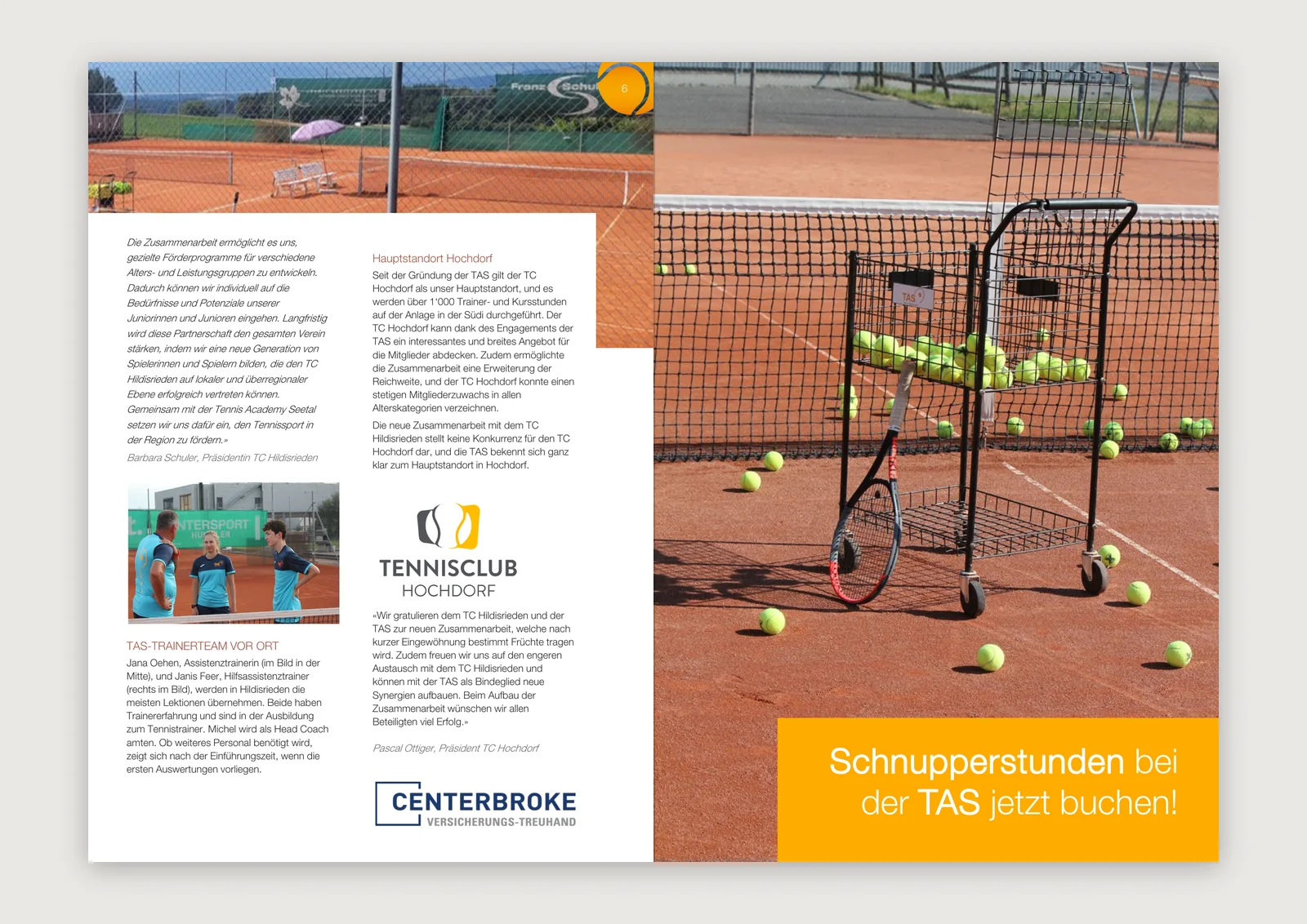 Doppelseite mit Vereinsartikel samt Partner-Logos und ganzseitiger Schnupperstunden-Anzeige im INSIDE-TAS-Magazin — Layout von Emrach aus Aachen