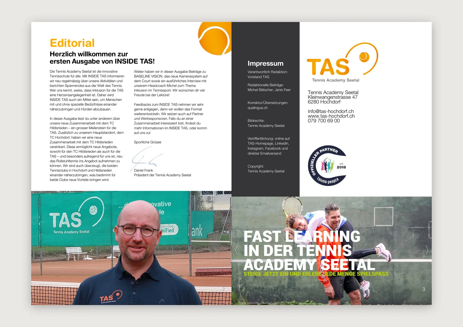 Doppelseite mit Editorial des Präsidenten und Impressum des INSIDE-TAS-Magazins — Magazin-Layout von Emrach aus Aachen