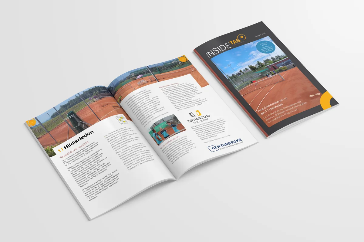Aufgeschlagenes INSIDE-TAS-Magazin mit Cover und Reportage-Spread — Editorial Design von Emrach aus Aachen für die Tennis Academy Seetal