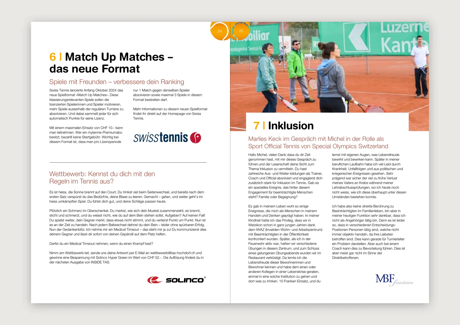 Doppelseite mit Match-Up-Matches-Regelteil und Inklusions-Interview im INSIDE-TAS-Magazin — Magazin-Satz von Emrach aus Aachen