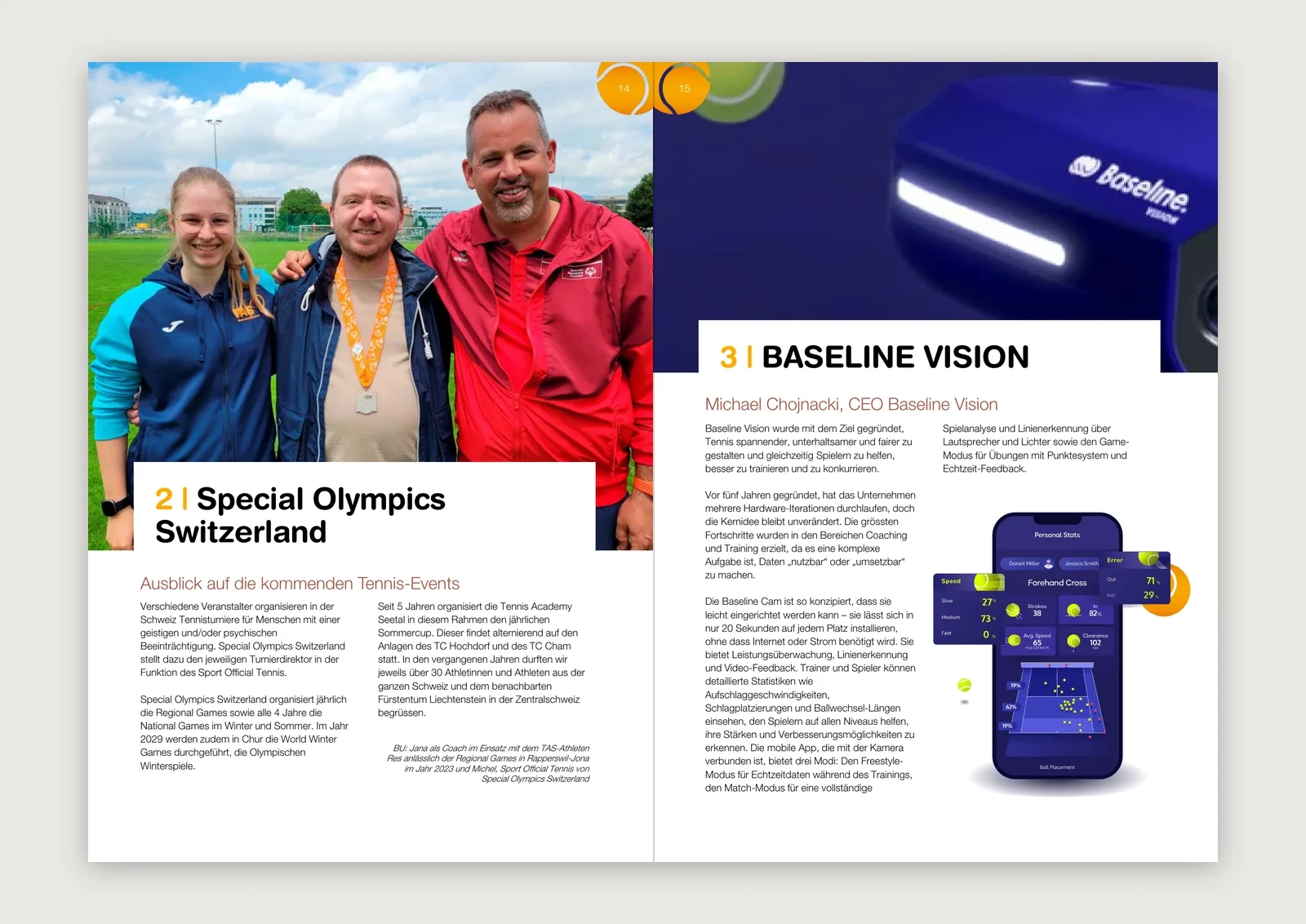 Doppelseite mit Special-Olympics-Beitrag und dunklem Baseline-Vision-Opener mit Kamera-Produktfoto im INSIDE-TAS-Magazin — Editorial Design von Emrach aus Aachen