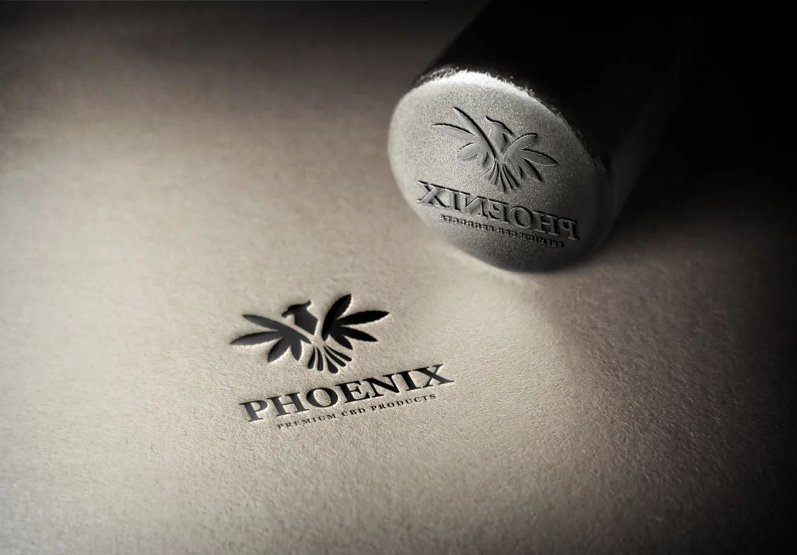 Phoenix Premium CBD Products — Bildmarke mit Vogel als Prägestempel, Logo-Design von Emrach aus Aachen