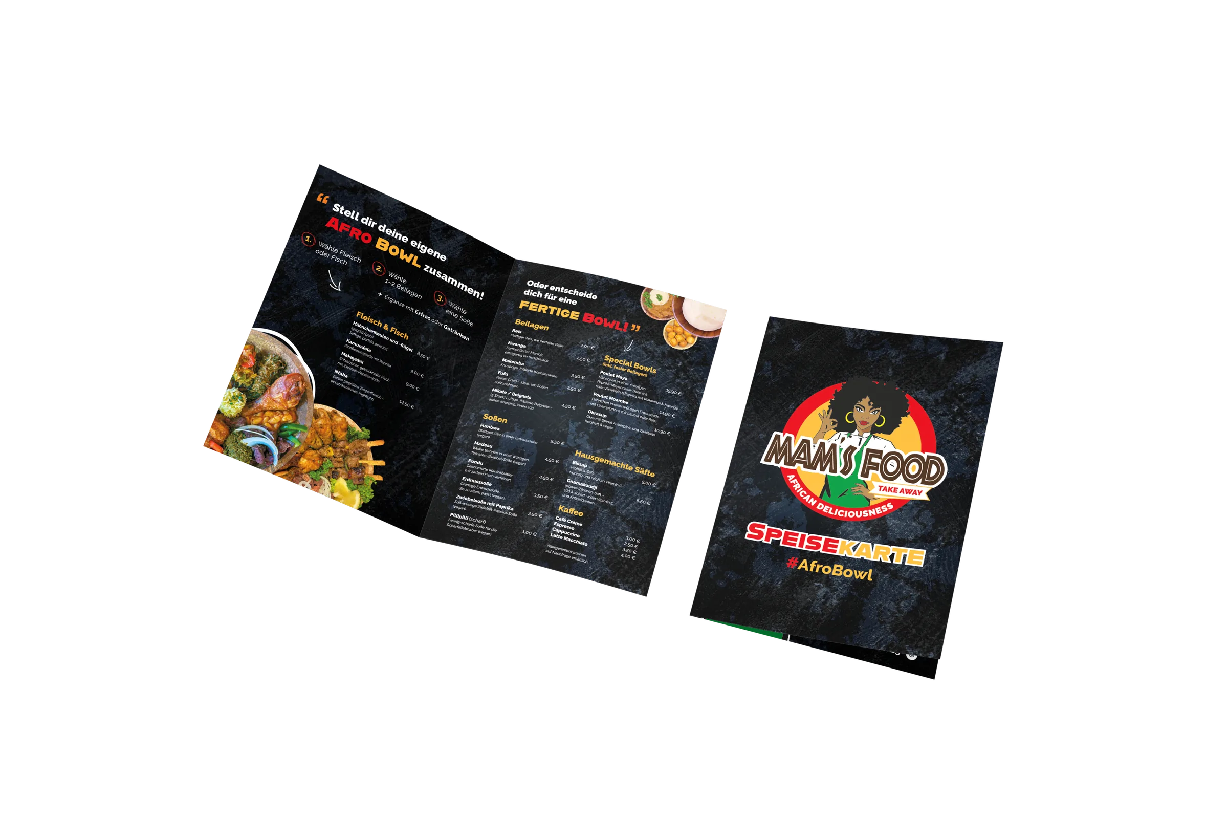 Mam's Food Speisekarte — isoliertes Mittelfalz-Mockup auf transparentem Hintergrund, Build-Your-Own-AfroBowl und Menü-Innenleben, Corporate Design von eoglou aus Aachen