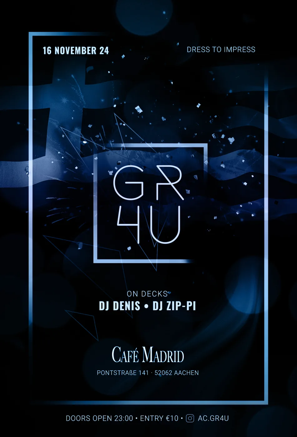 GR4U · Café Madrid Aachen · 2024 — Party-Plakat, Design von Emrach aus Aachen