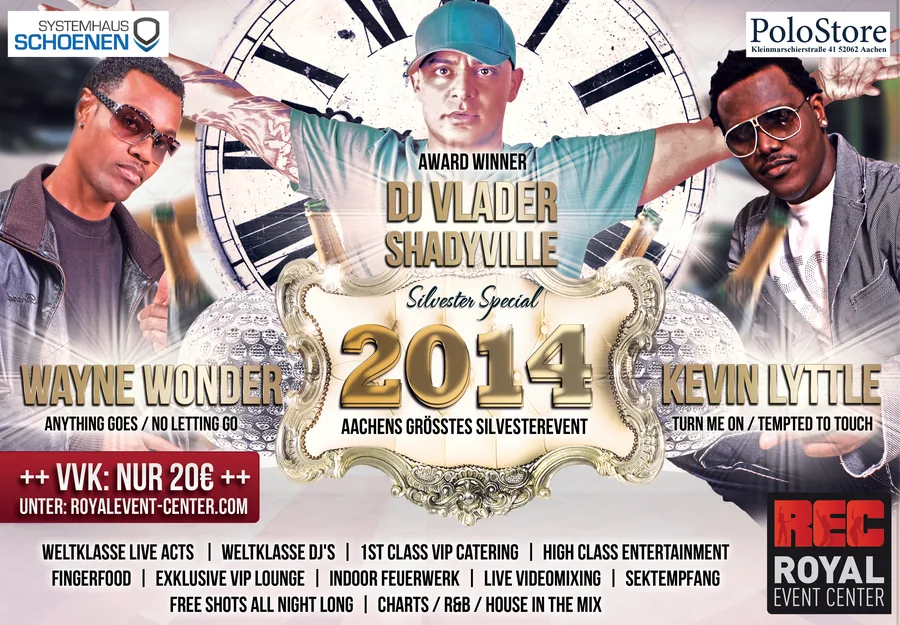 Silvester Special mit Wayne Wonder & Kevin Lyttle · Royal Event Center · 2014 — Event-Banner, Design von Emrach aus Aachen