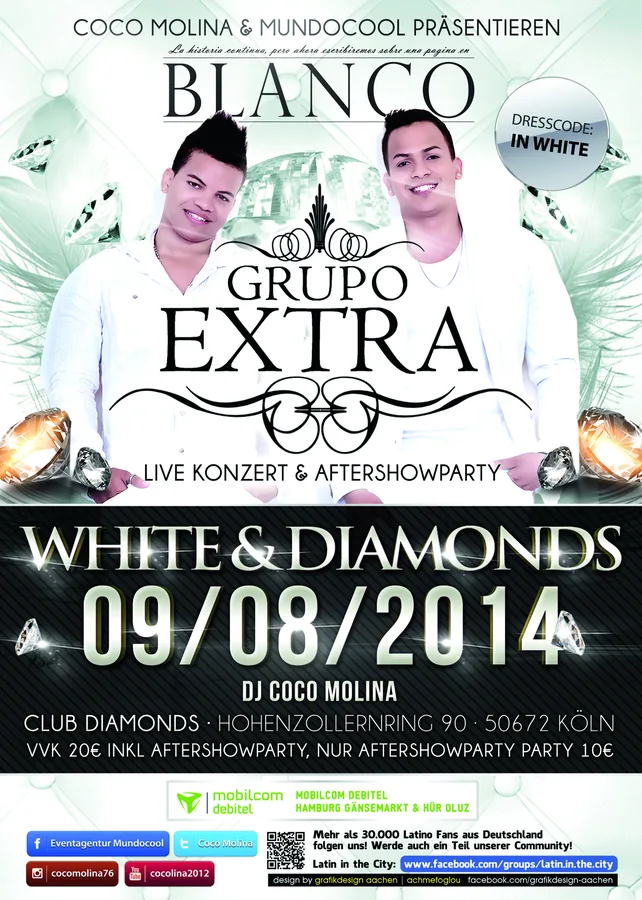Grupo Extra · White & Diamonds · Club Diamonds Köln · 2014 — Party-Flyer, Design von Emrach aus Aachen