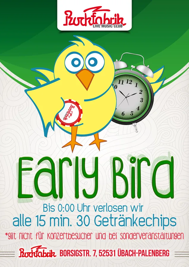 Early Bird · Rockfabrik Übach-Palenberg — Party-Plakat, Design von Emrach aus Aachen