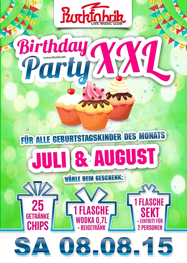 Birthday Party XXL · Rockfabrik · 2015 — Party-Plakat, Design von Emrach aus Aachen