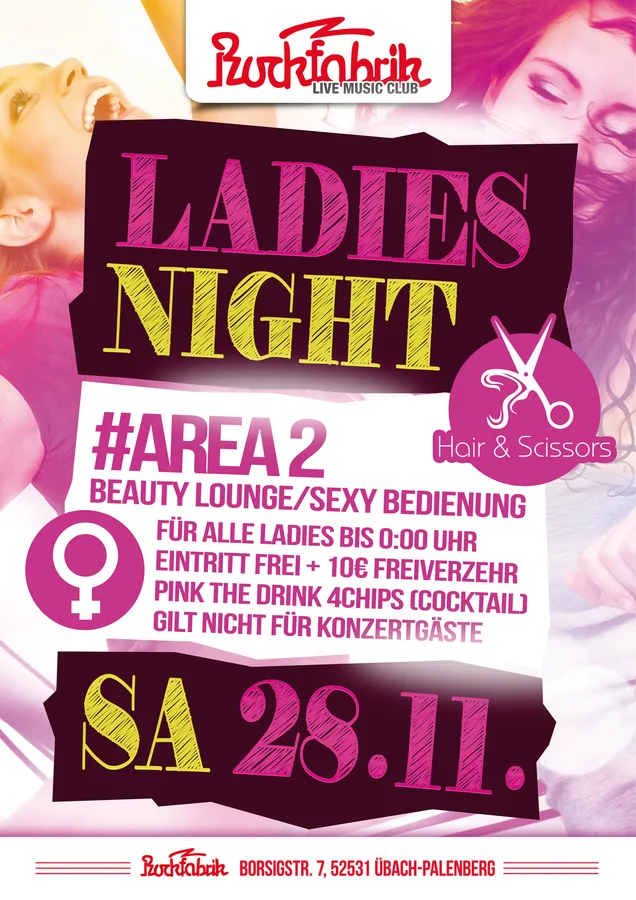 Ladies Night · Rockfabrik · 2015 — Party-Plakat, Design von Emrach aus Aachen