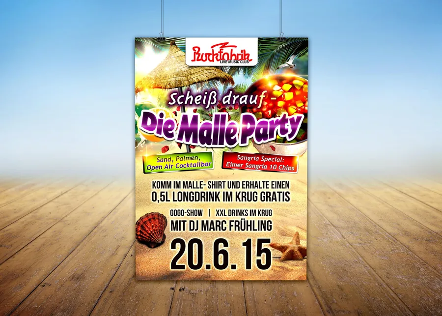 Die Malle-Party · Rockfabrik · 2015 — Party-Plakat, Design von Emrach aus Aachen