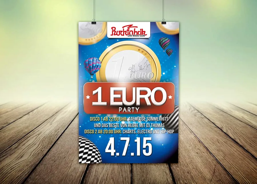 1-Euro-Party · Rockfabrik · 2015 — Party-Plakat, Design von Emrach aus Aachen