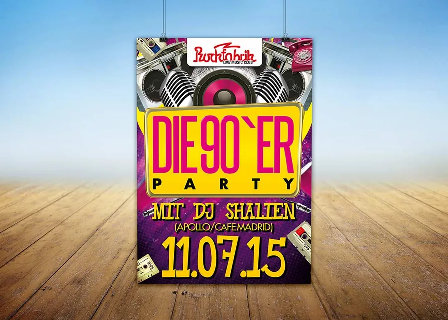 Die 90'er-Party · Rockfabrik · 2015 — Party-Plakat, Design von Emrach aus Aachen