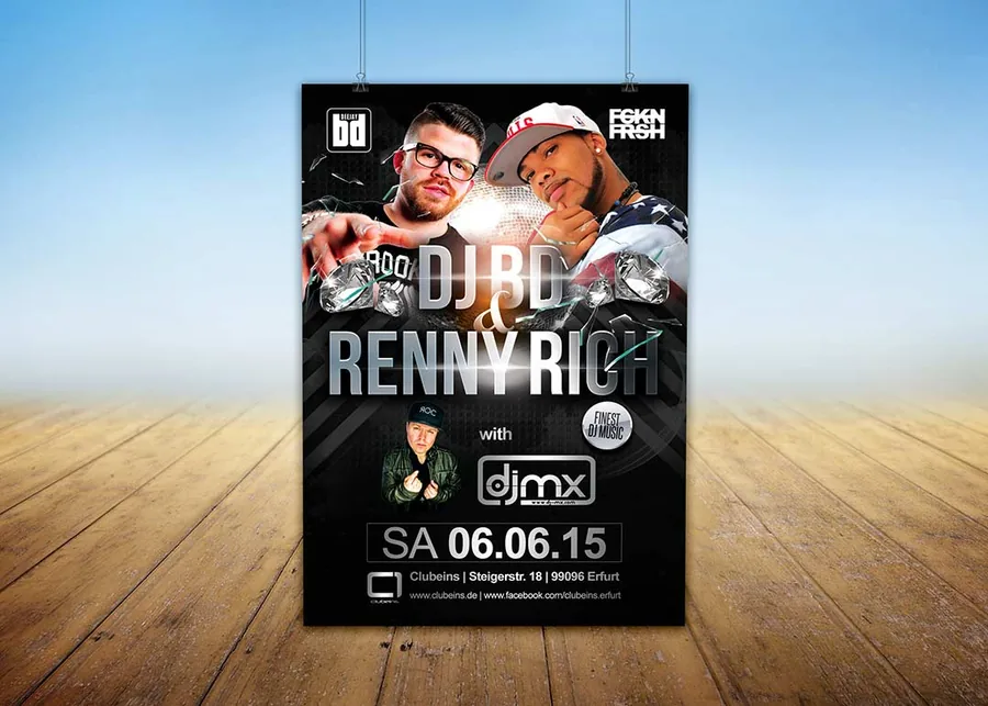 DJ BD & Renny Rich · Erfurt · 2015 — Party-Plakat, Design von Emrach aus Aachen