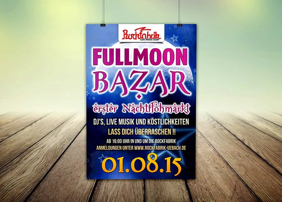 Fullmoon Bazar · Nachtflohmarkt · Rockfabrik · 2015 — Party-Plakat, Design von Emrach aus Aachen