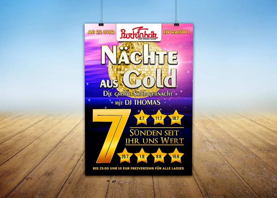 Nächte aus Gold · Rockfabrik — Party-Plakat, Design von Emrach aus Aachen