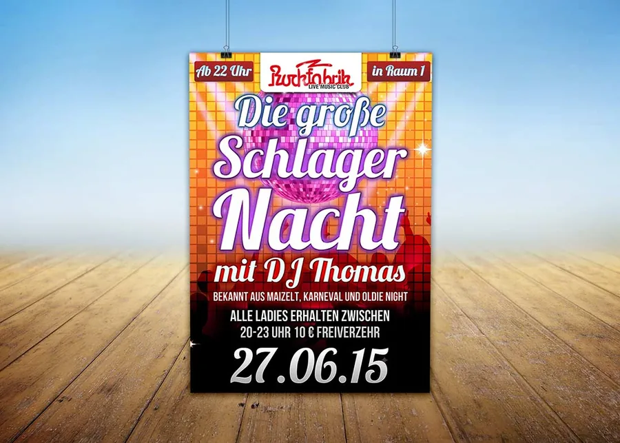 Die große Schlager-Nacht · Rockfabrik · 2015 — Party-Plakat, Design von Emrach aus Aachen