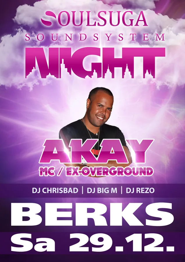 Soulsuga Soundsystem Night mit Akay · Berks — Party-Plakat, Design von Emrach aus Aachen