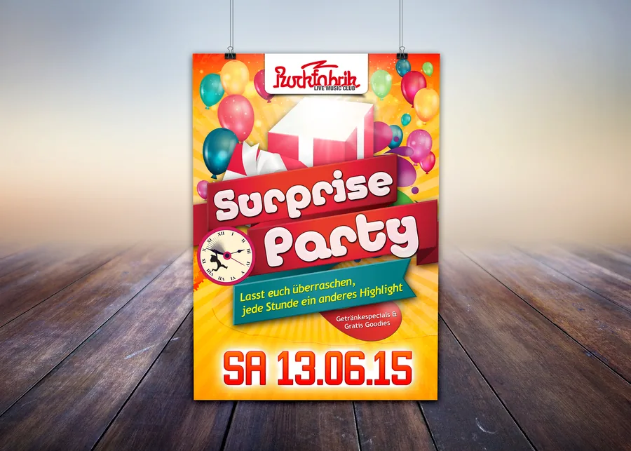 Surprise Party · Rockfabrik · 2015 — Party-Plakat, Design von Emrach aus Aachen
