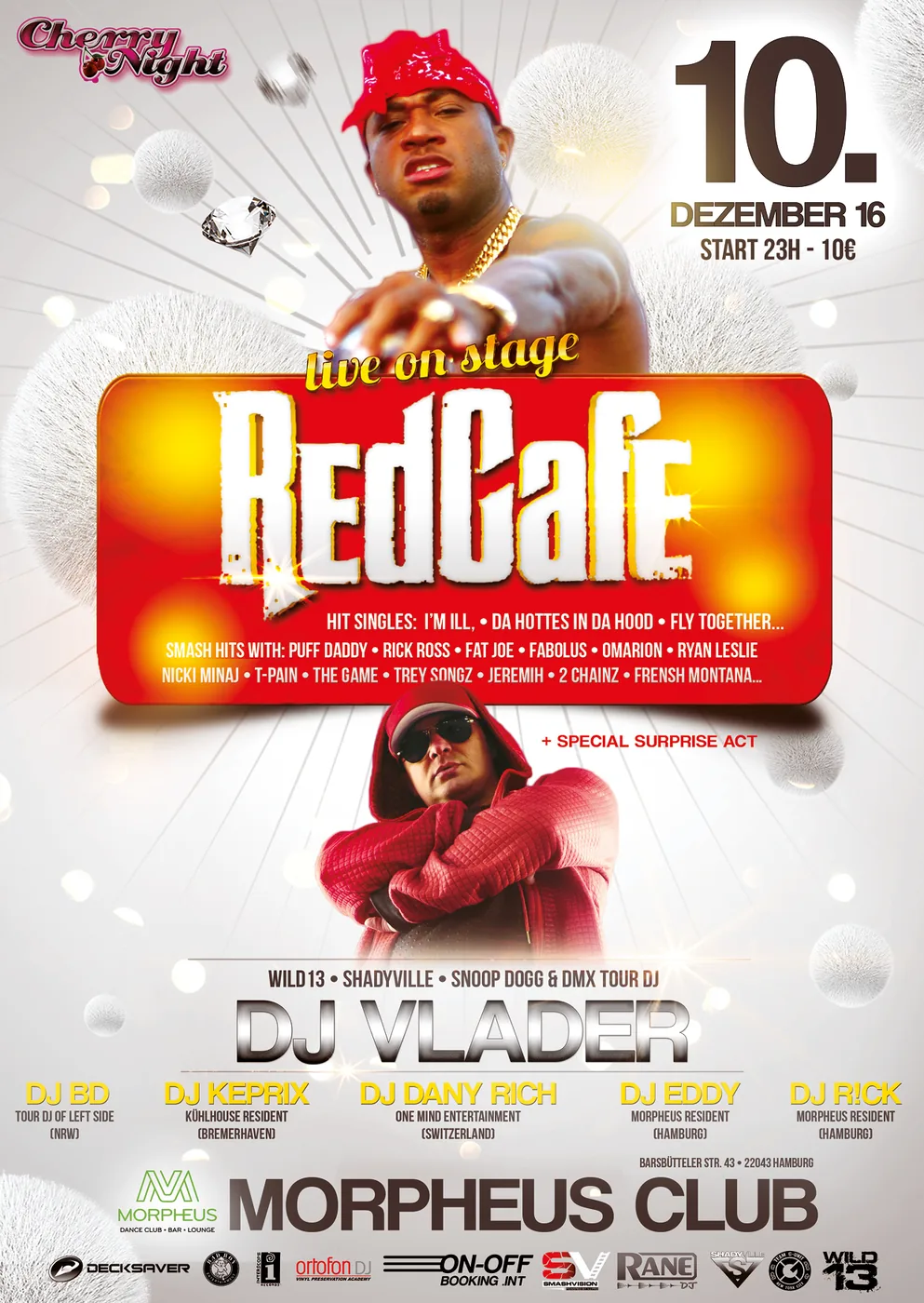 Red Cafe & DJ Vlader · Cherry Night · Morpheus, Hamburg · 2016 — Party-Plakat, Design von Emrach aus Aachen