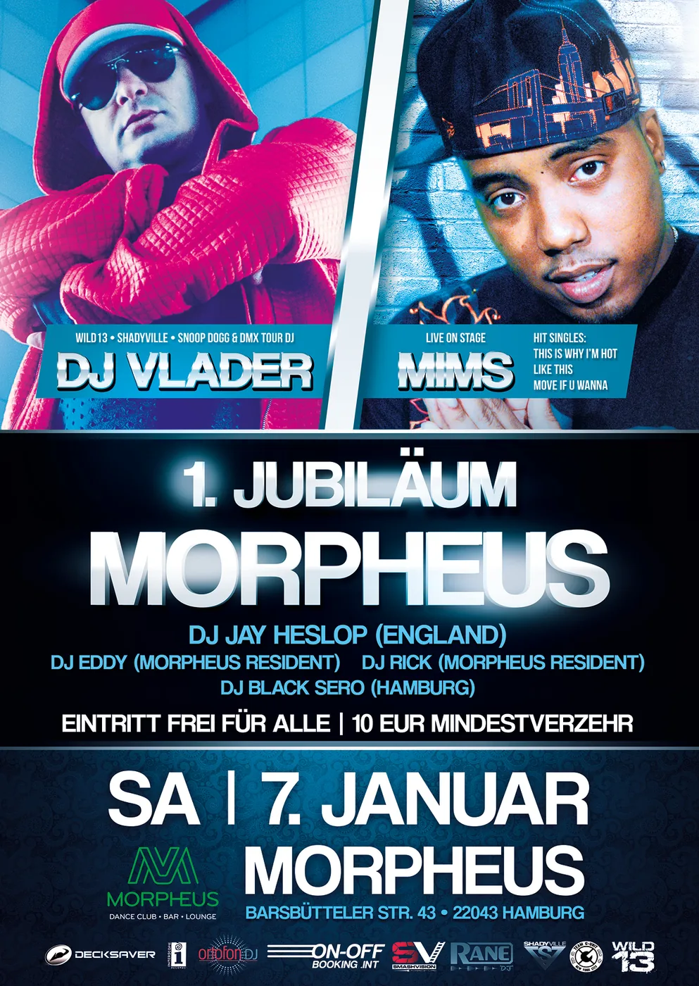 1. Jubiläum mit MIMS & DJ Vlader · Morpheus, Hamburg · 2017 — Party-Flyer, Design von Emrach aus Aachen