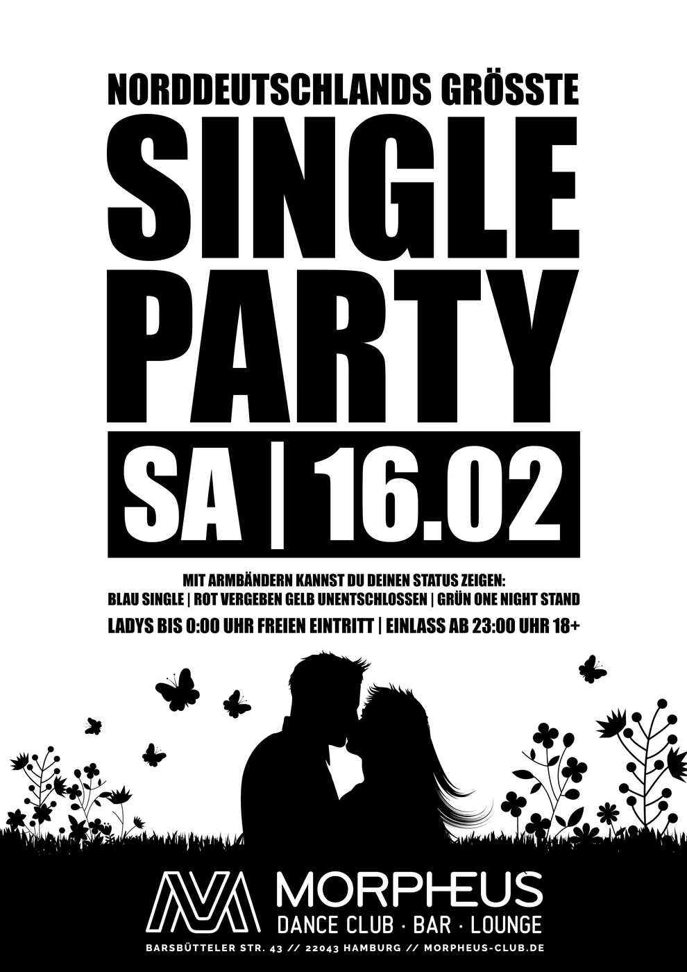 Norddeutschlands größte Single Party · Morpheus, Hamburg — Party-Plakat, Design von Emrach aus Aachen