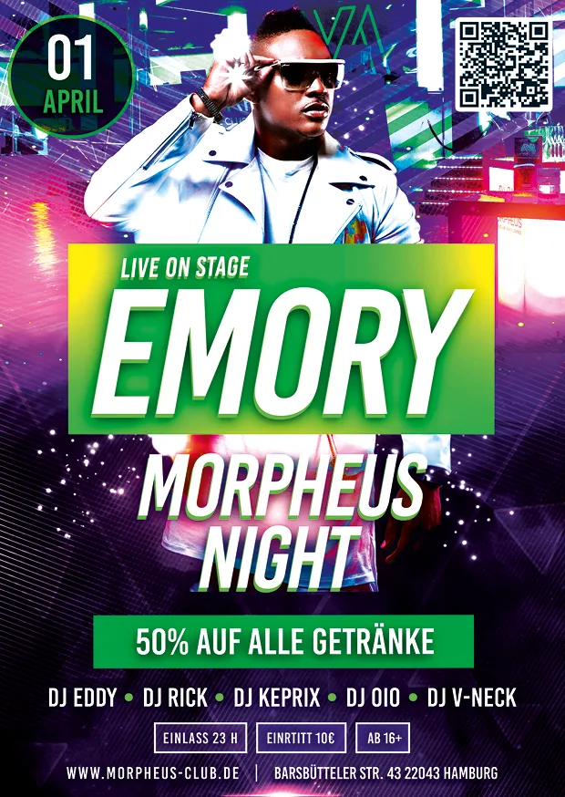 Emory live · Morpheus Night · Hamburg · 2017 — Party-Flyer, Design von Emrach aus Aachen