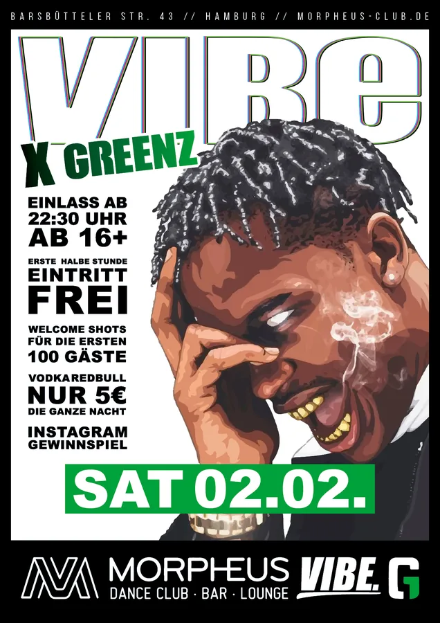 VIBE X Greenz · Morpheus, Hamburg — Party-Flyer, Design von Emrach aus Aachen