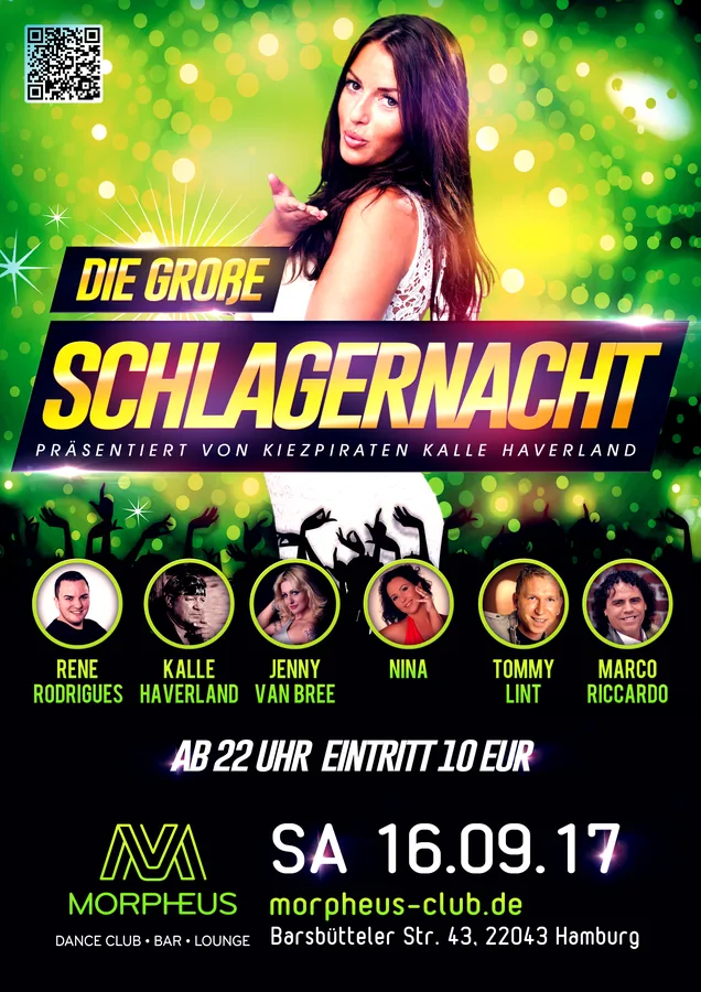 Die große Schlagernacht · Morpheus, Hamburg · 2017 — Party-Plakat, Design von Emrach aus Aachen