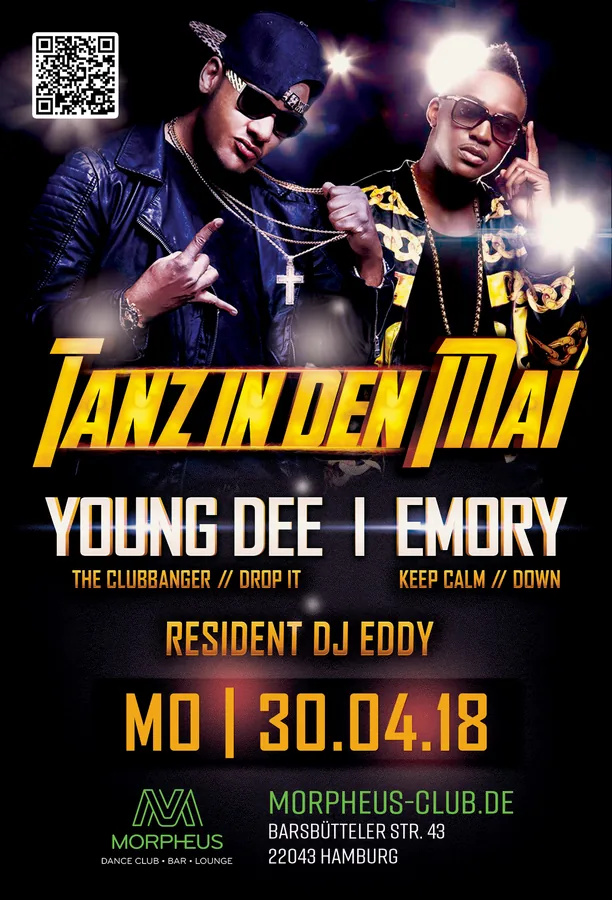 Tanz in den Mai mit Young Dee & Emory · Morpheus, Hamburg · 2018 — Party-Flyer, Design von Emrach aus Aachen