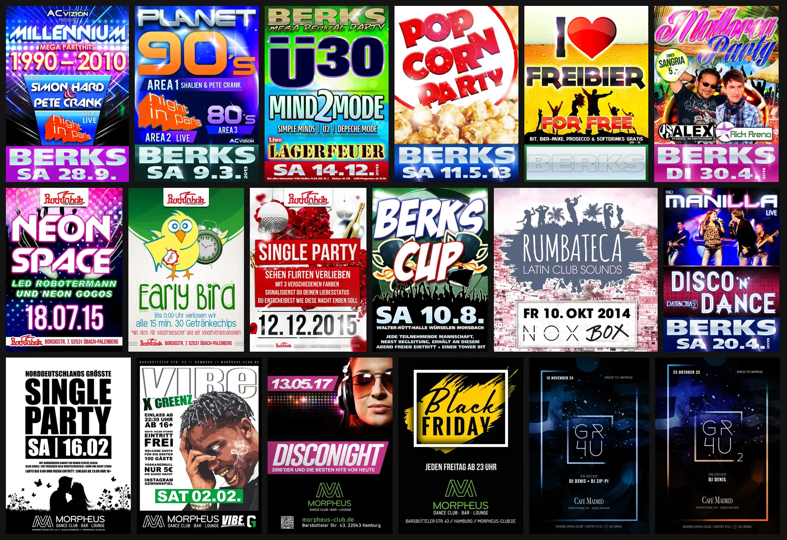 Plakatwand mit achtzehn Party-Plakaten — von Berks und Rockfabrik über das Hamburger Morpheus bis GR4U, Plakat-Design von Emrach aus Aachen