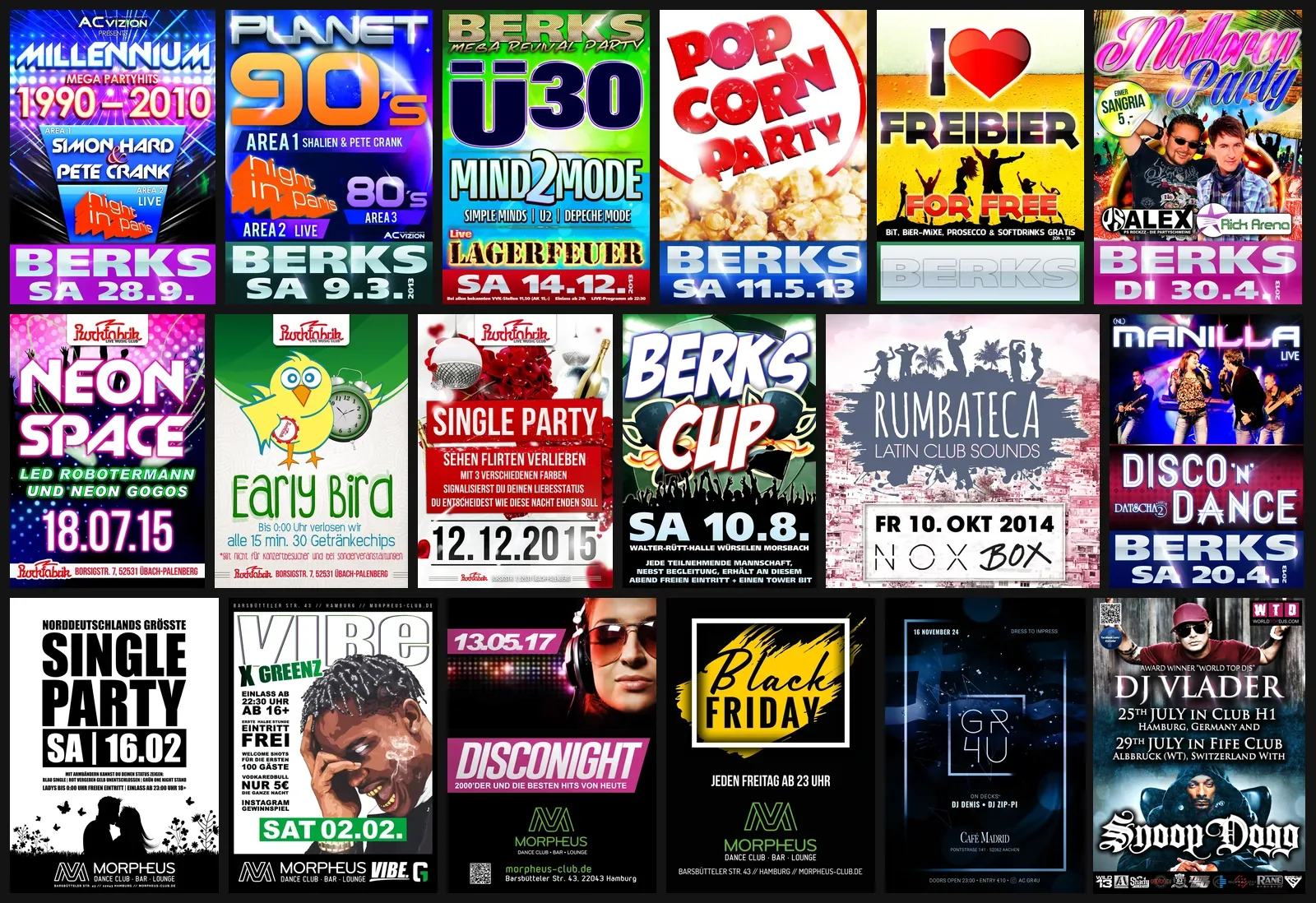 Plakatwand mit achtzehn Party-Plakaten &mdash; von Berks und Rockfabrik &uuml;ber das Hamburger Morpheus bis GR4U, Plakat-Design von Emrach aus Aachen