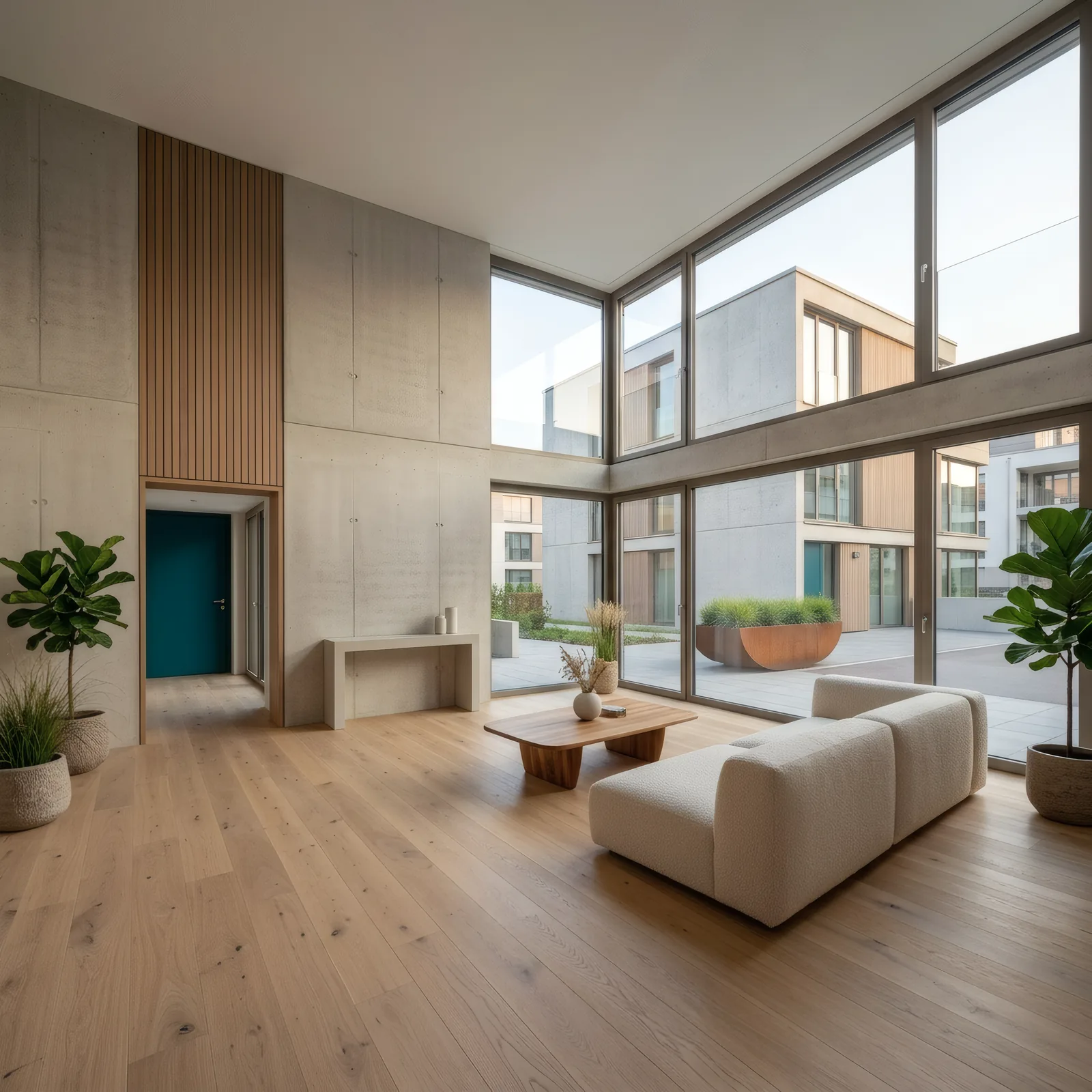 Modernes Wohnraum-Interieur mit klaren Linien und neutralem Farbpaletten — Beispiel für Innen-Immobilienfotografie neben Außenaufnahmen
