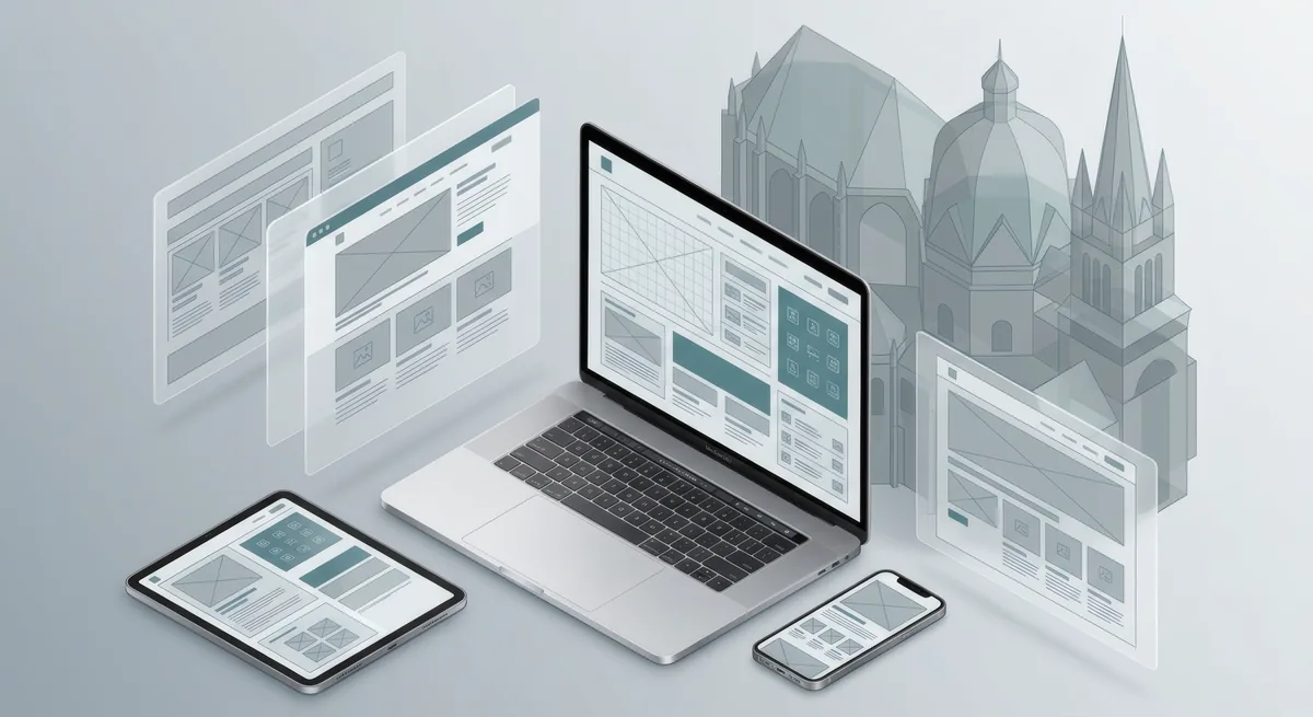 Schwebende Webdesign-Interfaces für eine Multi-Page-Website mit subtiler Aachener Dom-Geometrie — Mockup-Visual für Standard-Website aus Aachen